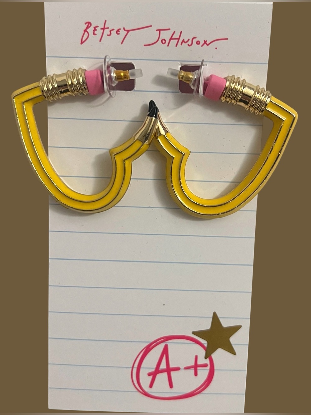 Betsey Johnson Yellow Pencil Heart Hoop Earrings with Pink Eraser - Picture 6 of 16